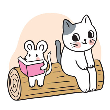 Cartoon cute funny cat and mouse reading book vector.