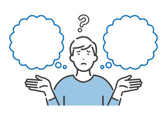 比較して悩む若い男性　空白の吹き出し