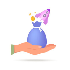 A cartoon hand holding a rocket taking off, the growth of finances. 3D image.