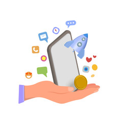A cartoon hand holding a rocket taking off, the growth of finances. 3D image.