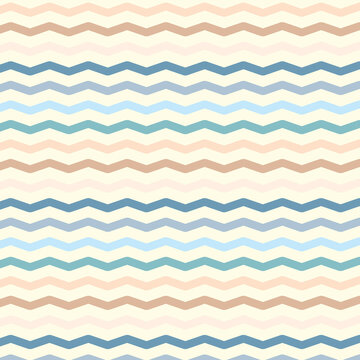Pastel colored zigzag lines wallpaper. Seamless shevron pattern on light background. Vector illustration. Blue and brown