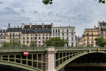 Paris, ile saint-louis and quai de Bethune, ancient buildings on the Sully bridge, panorama
