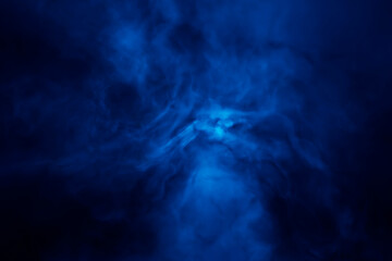 Fototapeta na wymiar Abstract 3d blue fog or swirling smoke on dark background. Magic light effect with vapor and gas. 3d rendering illustration.