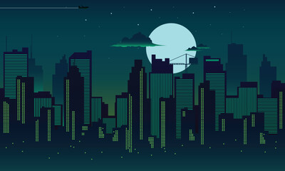cool city Background silhouette in the night with dark green theme © cho