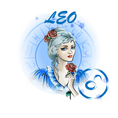 Zodiac sign Leo. Portrait of a lady with roses in the zodiac circle