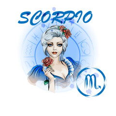 Zodiac sign scorpio, portrait lady roses zodiac.Digital watercolor