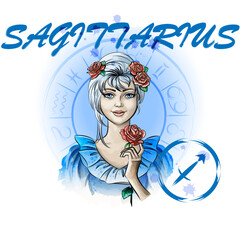 Zodiac sign Sagittarius.Portrait of a lady with roses in the zodiac circle