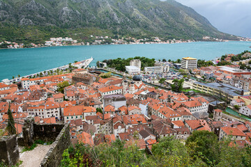 Naklejka na ściany i meble Top view of the town of Kotor and the Bay of Kotor. Montenegro