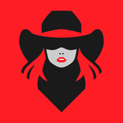 Cowgirl wearing bandana portrait symbol on red backdrop. Design element	