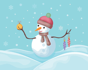 The snowman. Winter illustration depicting a cute snowman with Christmas tree toys. A cheerful snowman in a hat and scarf. Christmas illustration vector