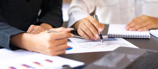 Business adviser analyzes financial figures by checking documents. marketing plan using statistical...