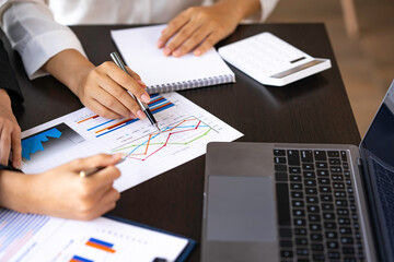 Business adviser analyzes financial figures by checking documents. marketing plan using statistical...