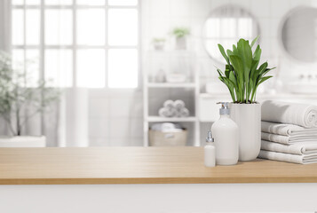 Empty wooden table table top for copy space decorate with liquid soap bottle,cotton towels and plant pot with blurry bathroom background 3d render