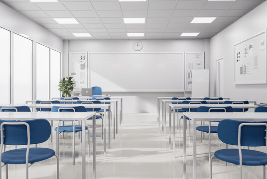 Minimal style modern white classroom 3d render,Decorated with white tables and blue chairs. The sunlight shines through the large windows into the room.