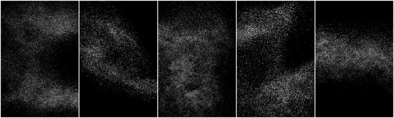 Set of abstract white grainy texture isolated on black background. Dust overlay textured. Grain noise particles. Snow effects. Design  element. Vector illustration, EPS 10.  