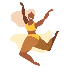 Female dancer in colourful bikini and transparent skirt. Happy  woman smiling, jumping and having fun. Modern vector illustration. Ladie in swimsuit. Popular design elements for web.