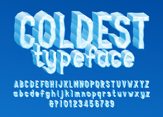 Fototapeta premium Coldest alphabet font. 3D cartoon ice letters, numbers and symbols. Uppercase and lowercase. Stock vector typescript for your typography design.