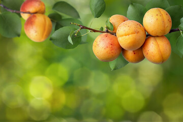ripe apricots hanging on branch in garden