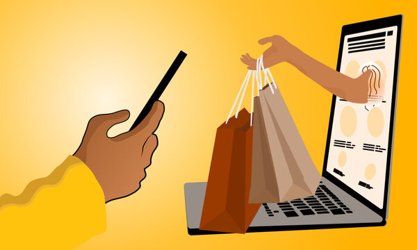 Vector Pattern, Online Shopping, In Graphic Form, Hand Holding Shopping Bag, Delivering Product, Coming Out Of Screen, Notebook And Man's Hand, Holding Mobile Phone.