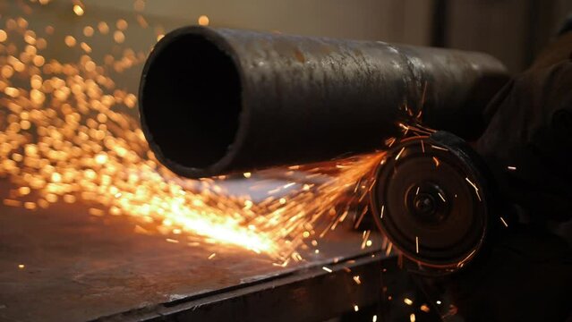 Male hand cuts off pieces of water pipe with angle grinder. Cutting of a steel with splashes of sparks at construction site. Sparks during cutting of metal angle grinde