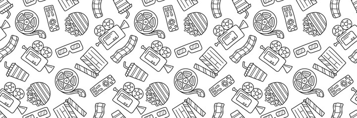 Cinema seamless pattern. Doodle hand drawn style. Cinema elements for media production, festival, theater background. Vector illustration. Movie night style print.