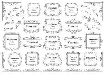 Calligraphic design elements . Decorative swirls or scrolls, vintage frames , flourishes, labels and dividers. Retro vector illustration