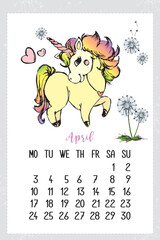 Calendar april 2023 with cute unicorn. Monthly calendar in hand drawn style. Creative schedule with magic horse. Calendar grid, monday first, printable poster or banner.