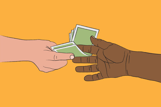 Two human hands are exchanging money