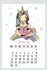 Calendar January 2023 with cute unicorn. Monthly calendar in hand drawn style. Creative schedule with magic horse. Calendar grid, monday first, printable poster or banner.