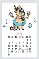 Calendar july 2023 with cute unicorn. Monthly calendar in hand drawn style. Creative schedule with magic horse. Calendar grid, monday first, printable poster or banner.