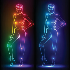 Fashion woman. Female model. Hand drawn fashion lady. Banner with neon silhouette of sexy woman figure, beautiful silhouettes, nightclub, striptease, sex shop advertisement, vector illustration - 521770737