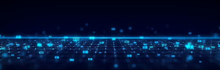 Futuristic perspective grid in digital cyberspace. Flow of binary code. Network connection structure. 3D rendering.