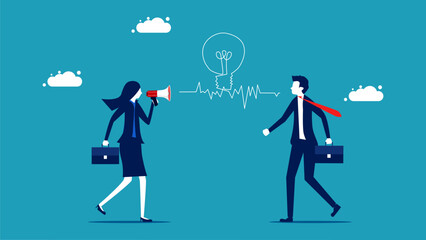 Communicate ideas. Businesswomen communicate through megaphones to advise colleagues. vector