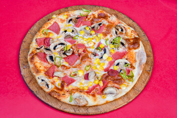 Delicious mixed pizza with rich content. Menu concept of choice and diversity. Pepperoni, Formaggi, Veggie, Karisik pizza
