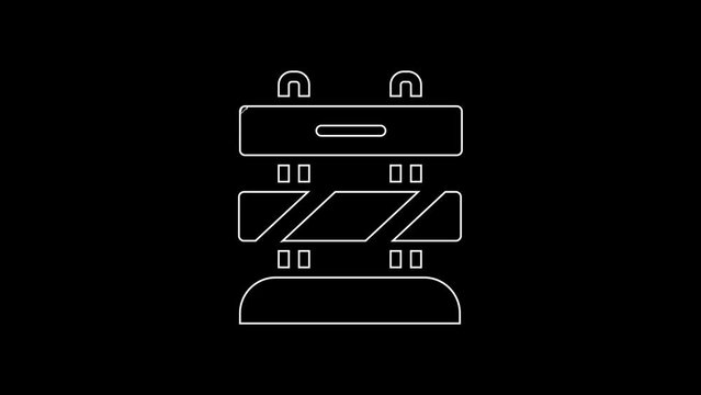 White line End of railway tracks icon isolated on black background. Stop sign. Railroad buffer end to destination. 4K Video motion graphic animation