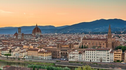 Fototapeta na wymiar Panoramic view of the center of Florence with gothic cathedral, the Duomo, named in honor of Santa Maria del Fiore, Italy, Tuscany, at summer sunset 