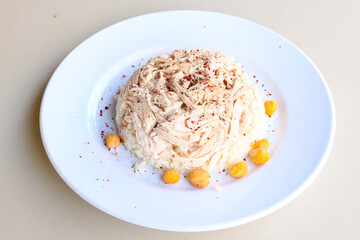 Traditional delicious Turkish food; Turkish style rice pilaf (Turkish name; Arpa sehriyeli. tavuklu, kuru fasulyeli, kavurmali pirinc pilavi)
