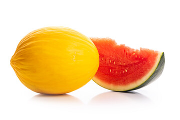 Melon and watermelon. Sliced melon and watermelon with pits. Isolate on white background