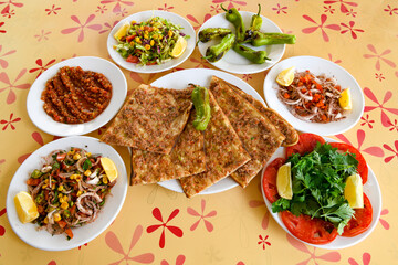 Kiymali pide. Turkish pide with minced meat. Turkish pizza mince pita Pide on white background. Etli ekmek. Kusbasi kasarli, kiymali kasarli, kiymali yumurtali, Bafra, Trabzon, Kusbasili pide.