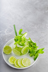 Mojito cocktail on a gray background. Glass of mojito with mint and lime on a white plate. Summer refreshing drink with glass straw. Copy space