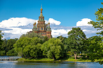 Naklejka premium View of Peter and Paul Cathedral in Peterhof in summer