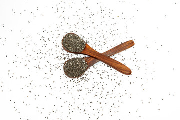 Nigella or black cumin with medicinal tulsi seeds islated on white background
