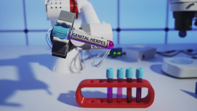 Genital Herpes Robot and a test tube with a blood sample for microbiological analysis in the robot's hand. Futurological concept of medicine of the future