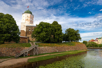 View of the castle on the island in the city of Vyborg in the afternoon in summer