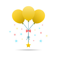 Yellow balloons with pink ribbon hanging stars and circle foil celebrate party decoration on white background flat vector design.