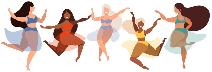 Female dancers in colourful bikini and transparent skirts. Happy women smiling, jumping and having fun. Modern vector illustration. Ladies in swimsuits. Popular design elements for web.