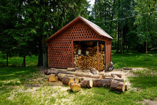Cut wood put on grass near woodshed built on forest glade