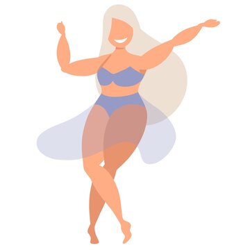 Female dancer in colourful bikini and transparent skirt. Happy woman smiling, jumping and having fun. Modern vector illustration. Ladie in swimsuit. Popular design elements for web.
