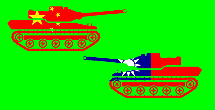 Military Tank Icon With Chinese Flag And Taiwan Flag Isolated On Green. War Concept. Conflicts Between Countries. Vector Illustration