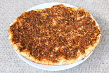 Turkish foods ; Turkish pizza -Lahmacun. Urfa  bol acili lahmacun. Kasarli lahmacun.